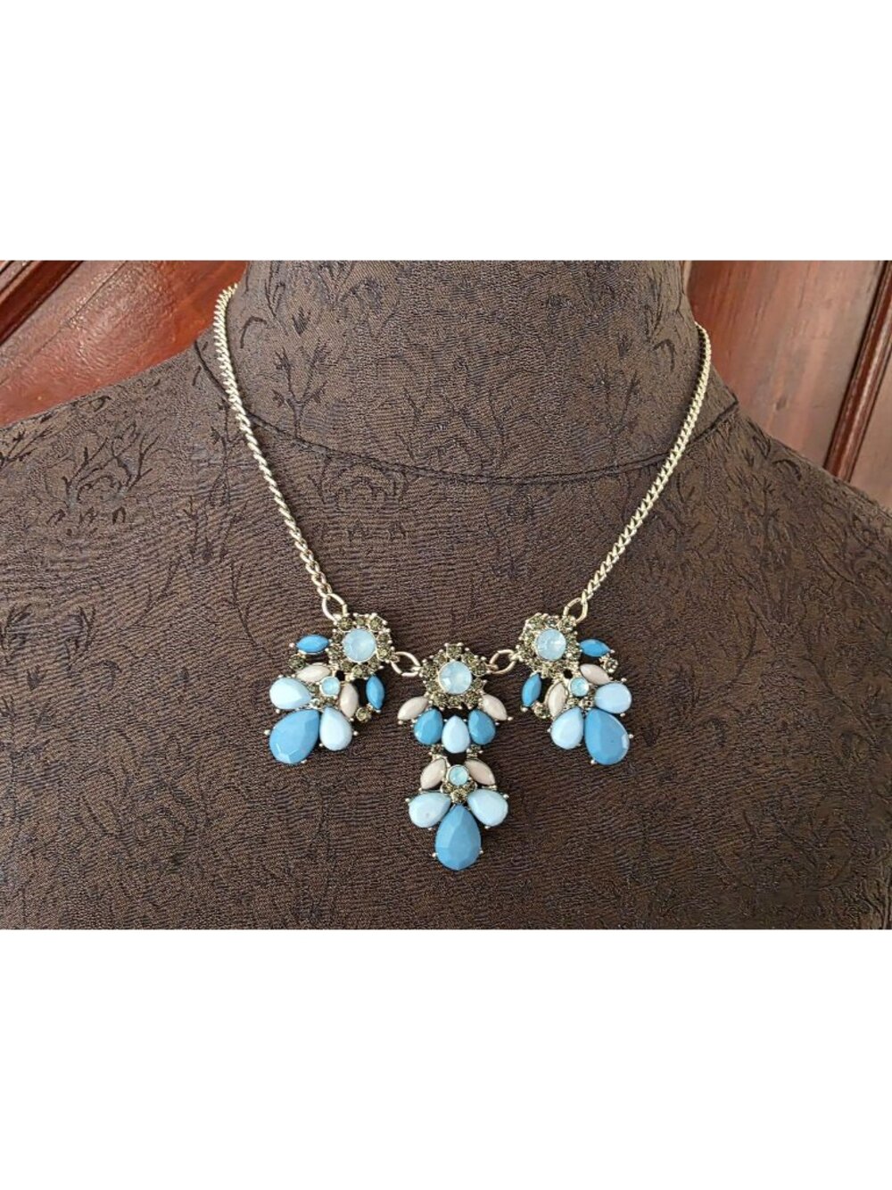 Statement Necklace With Blue & White Crystal Accents On Silver Chain